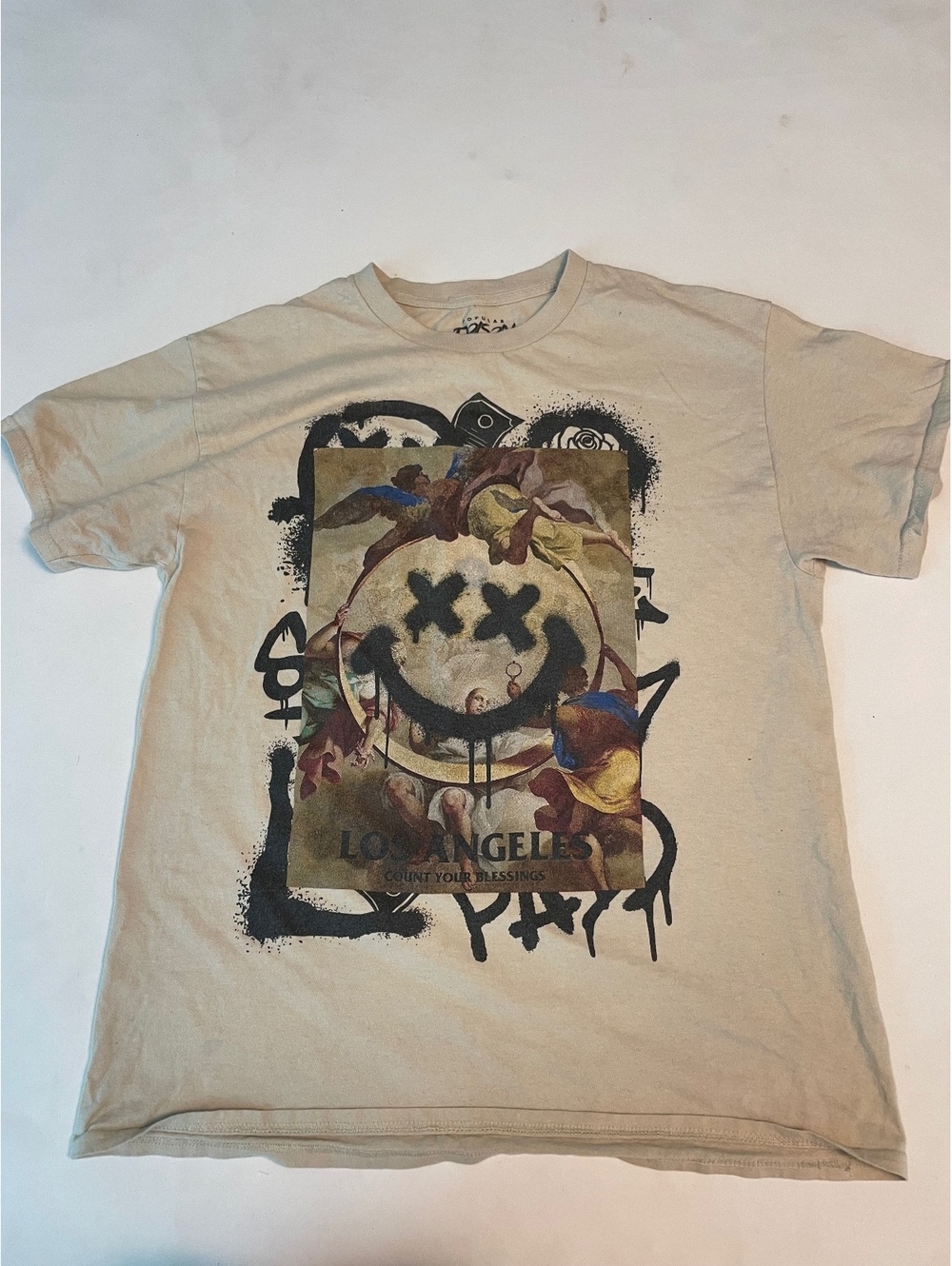 Popular Poison Los Angeles Graphic T-Shirt Large Beige Cotton